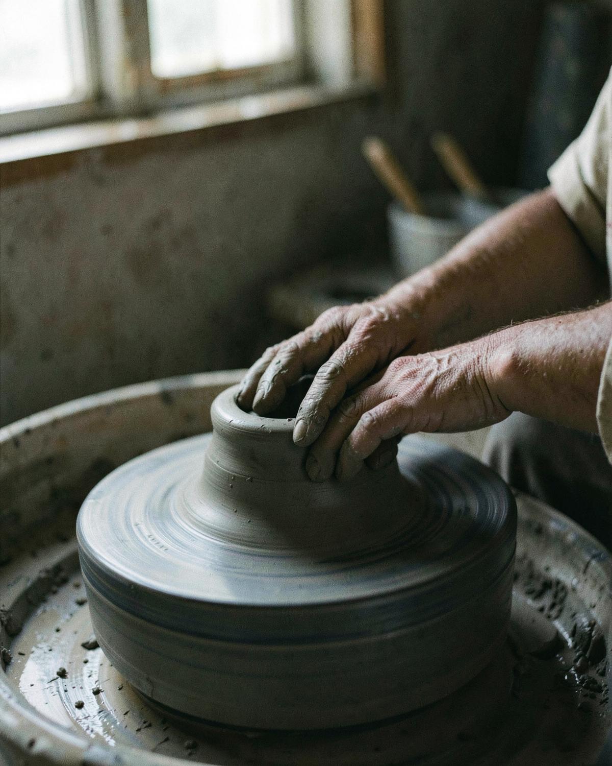 Hands shaping raw clay on a potter's wheel in a studio