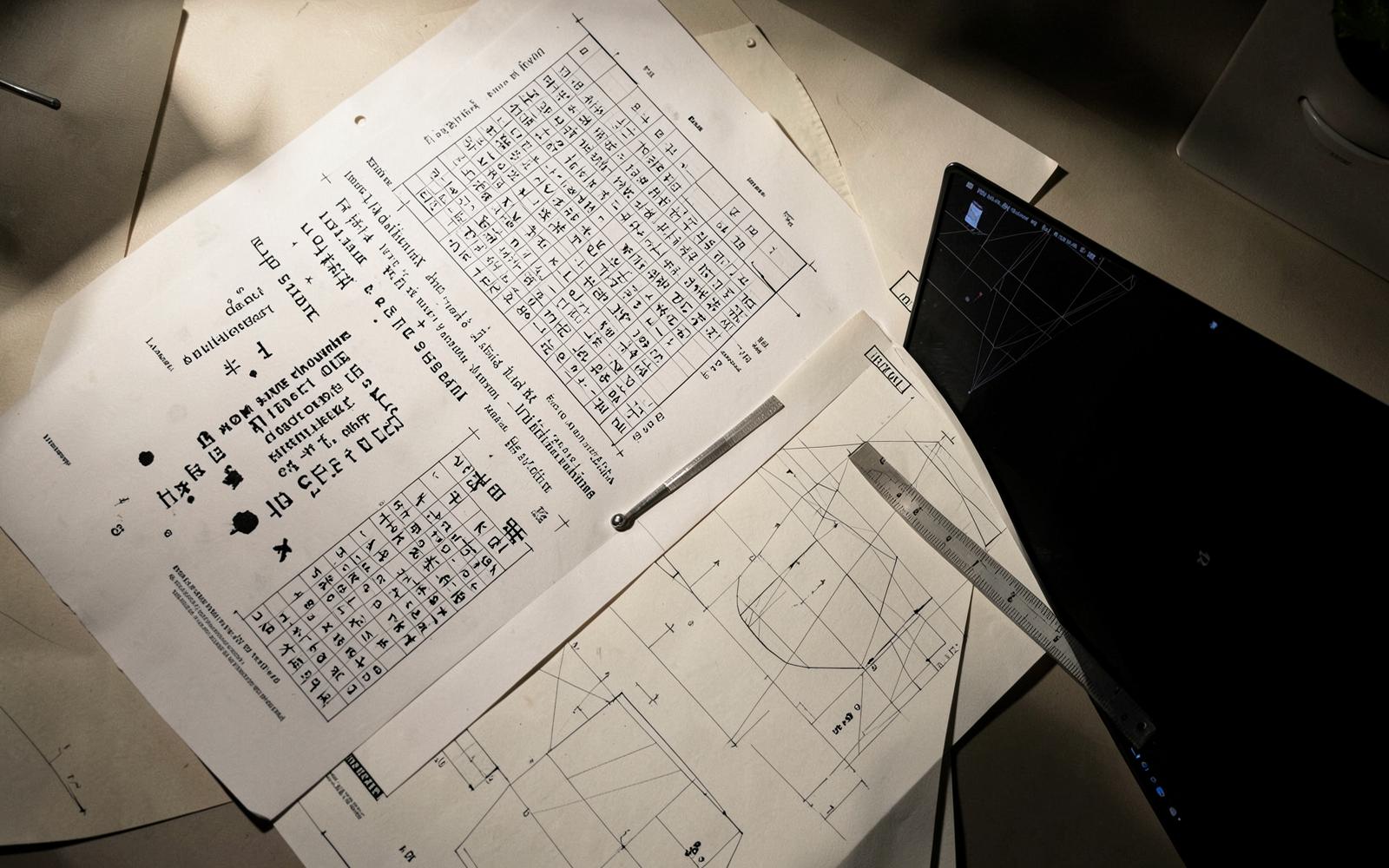 Typographic grids, diagrams and a dark screen on a studio desk